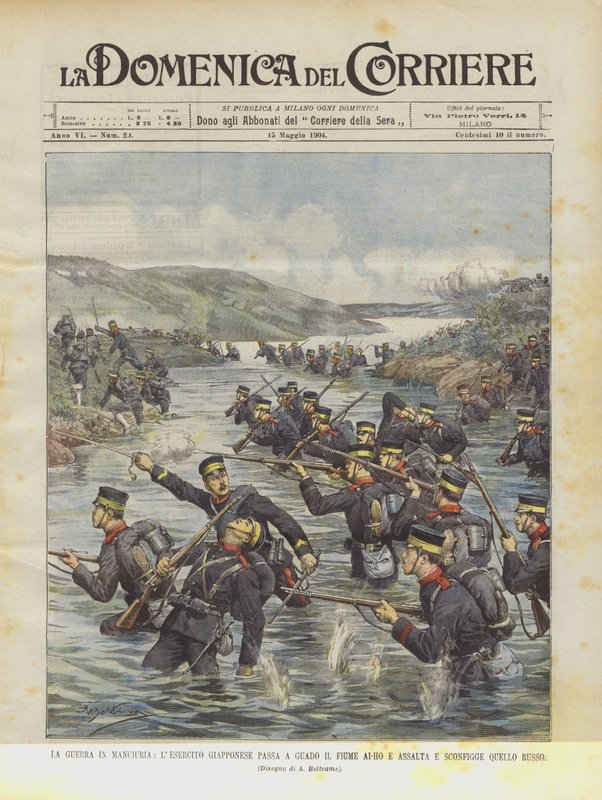 De oorlog in Mantsjoerije, het Japanse leger steekt de Ai-Ho rivier over en valt het Russische leger aan en verslaat het door Achille Beltrame