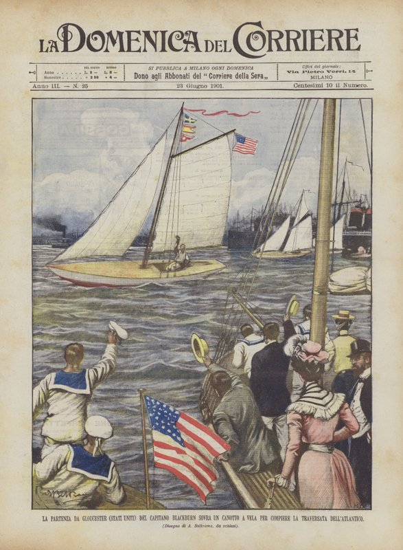 Het vertrek uit Gloucester (Verenigde Staten) van kapitein Blackburn op een zeilboot door Achille Beltrame