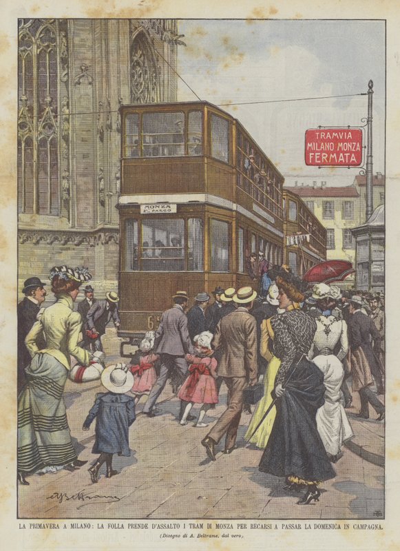 De Lente In Milaan, De Menigte Bestormt De Trams Van Monza Om De Zondag Op Het Platteland Door Te Brengen door Achille Beltrame