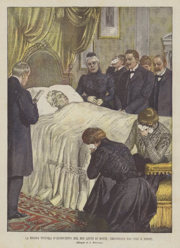 Koningin Victoria van Engeland op haar sterfbed, omringd door haar kinderen en kleinkinderen door Achille Beltrame