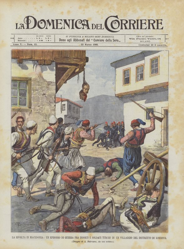 De opstand in Macedonië, een episode van oorlog tussen opstandelingen en Turkse soldaten in een dorp door Achille Beltrame