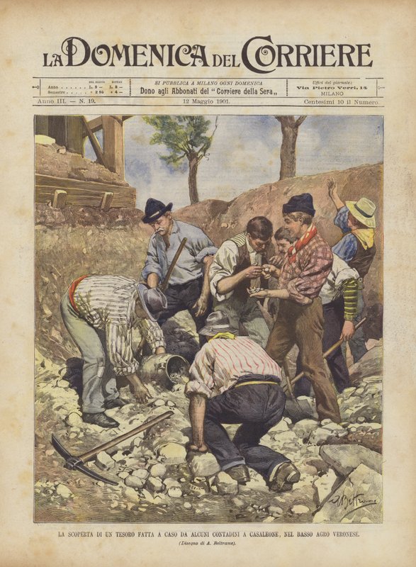 De ontdekking van een schat bij toeval gedaan door enkele boeren in Casaleone, in de lage Veronese landbouwgrond door Achille Beltrame