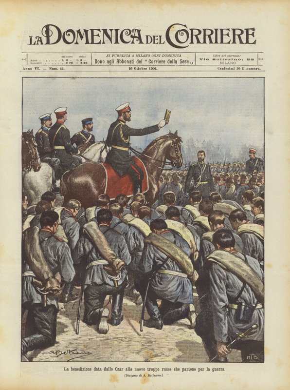 De zegen gegeven door de tsaar aan de nieuwe Russische troepen die naar de oorlog vertrekken door Achille Beltrame