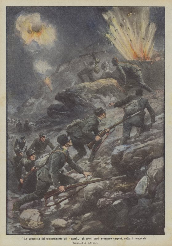 De verovering van de loopgraaf van de raketten, de heroïsche Sardijnen kruipen vooruit onder de storm door Achille Beltrame