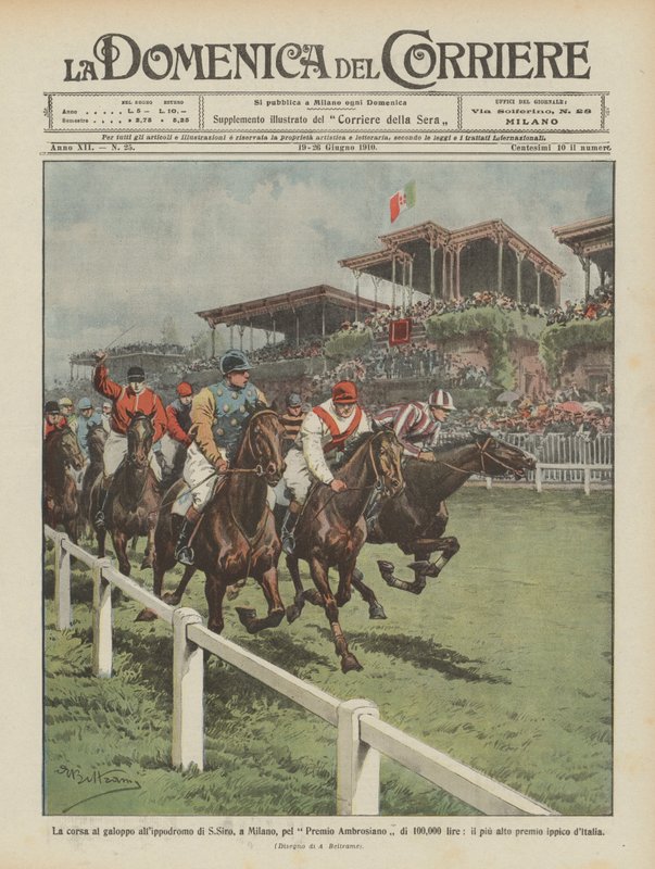 De galoprace op de renbaan van San Siro, in Milaan, voor de Ambrosiano-prijs van 100.000 lire door Achille Beltrame