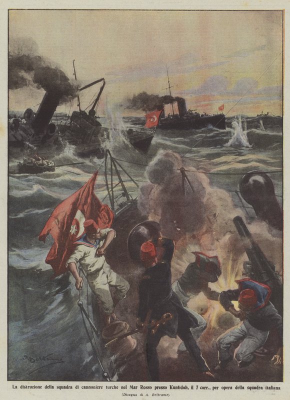 De vernietiging van de Turkse kanonneerbootvloot in de Rode Zee bij Kunfidah, op de 7e van deze maand ? door Achille Beltrame