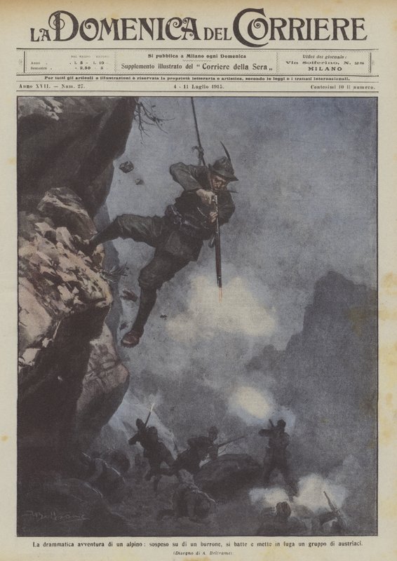 Het dramatische avontuur van een alpino, hangend boven een ravijn, vecht en verjaagt een groep Oostenrijkers door Achille Beltrame