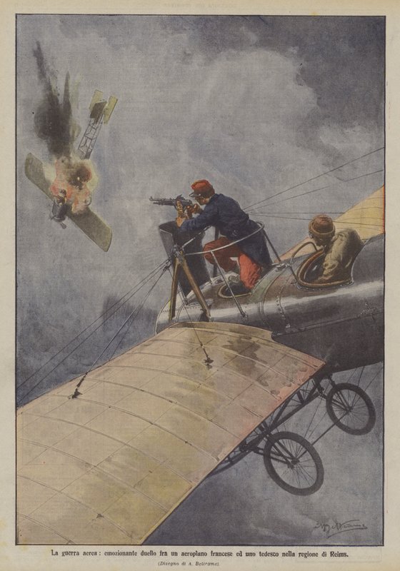 De luchtvaartoorlog, spannende duel tussen een Frans en een Duits vliegtuig in de regio Reims door Achille Beltrame