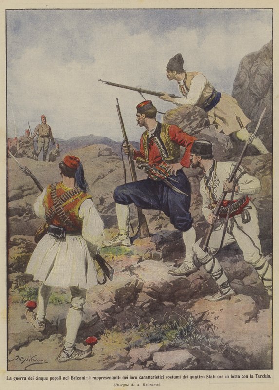 De oorlog van de vijf volkeren op de Balkan, de vertegenwoordigers in hun karakteristieke kostuums van door Achille Beltrame