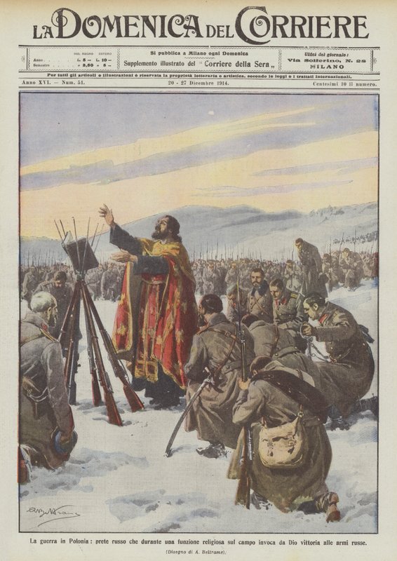 De oorlog in Polen, Russische priester die tijdens een religieuze ceremonie op het veld God aanroept door Achille Beltrame