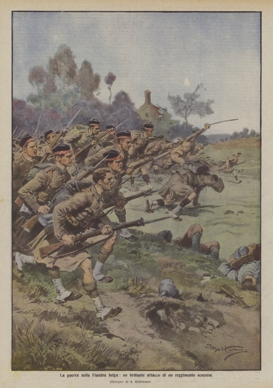 De oorlog in Belgisch Vlaanderen, een briljante aanval van een Schots regiment door Achille Beltrame