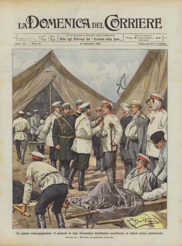 De Russisch-Japanse oorlog, generaal Kuropatkin reikt onderscheidingen uit aan de gevallen soldaten door Achille Beltrame