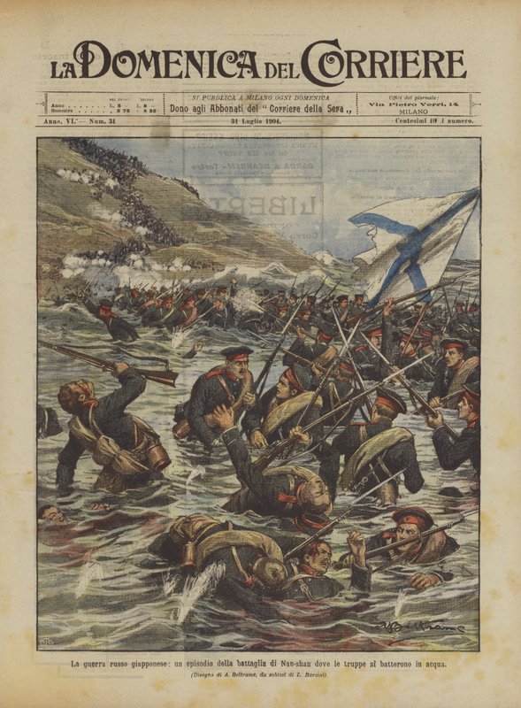 De Russisch-Japanse oorlog, een episode van de slag bij Nan-shan waar de troepen in het water vochten door Achille Beltrame
