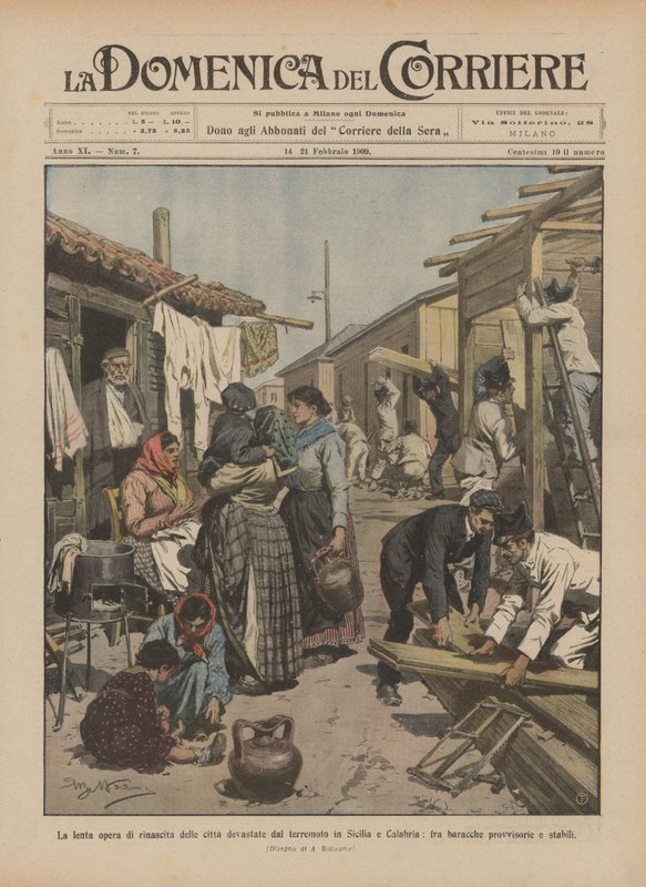 Het langzame herstel van de door de aardbeving verwoeste steden in Sicilië en Calabrië door Achille Beltrame