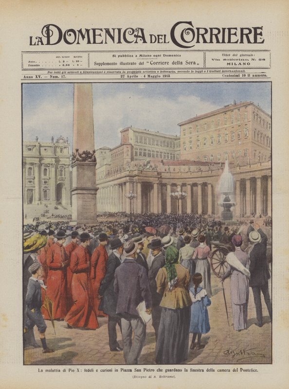 De ziekte van Pius X, gelovigen en nieuwsgierigen op het Sint-Pietersplein die naar het raam van de kamer van de paus kijken door Achille Beltrame