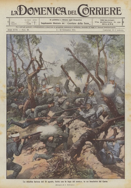 Het woeste gevecht van 26 augustus, eindigend met de vlucht van de vijand, in een bosje op de Karst door Achille Beltrame