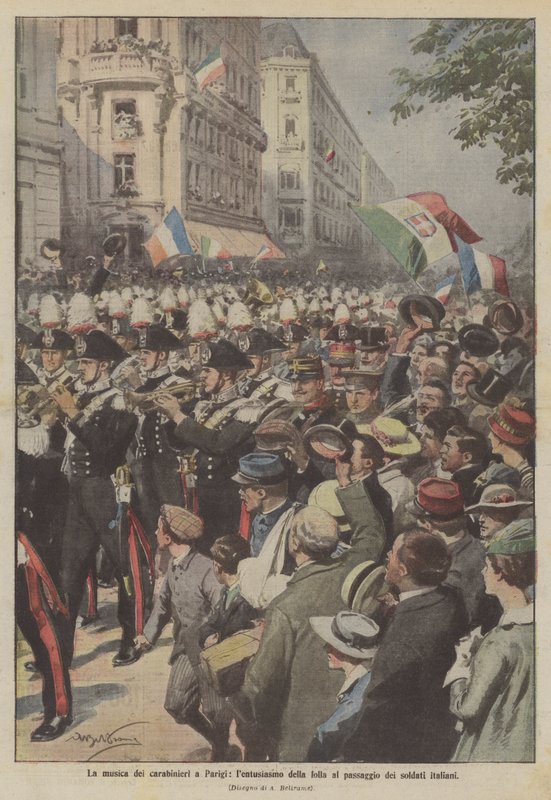 De muziek van de carabinieri in Parijs, het enthousiasme van de menigte bij het passeren van de Italiaanse soldaten door Achille Beltrame