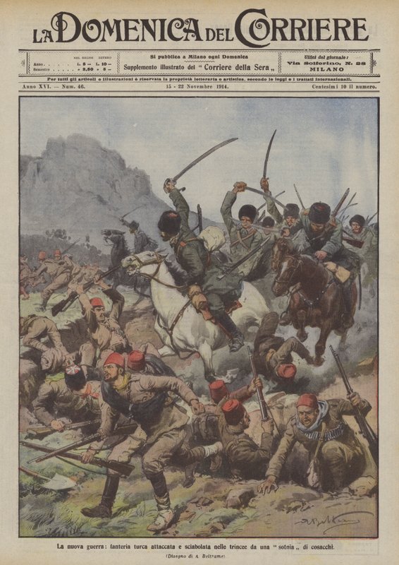 De nieuwe oorlog, Turkse infanterie aangevallen en met sabels bestormd in de loopgraven door een groep Kozakken door Achille Beltrame