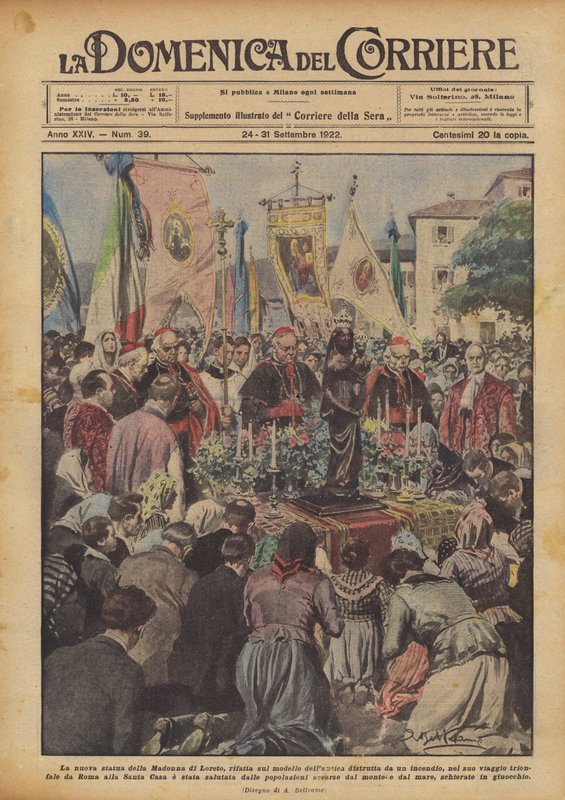 Het nieuwe standbeeld van de Madonna van Loreto, opnieuw gemaakt naar het model van het oude dat door een brand werd verwoest door Achille Beltrame