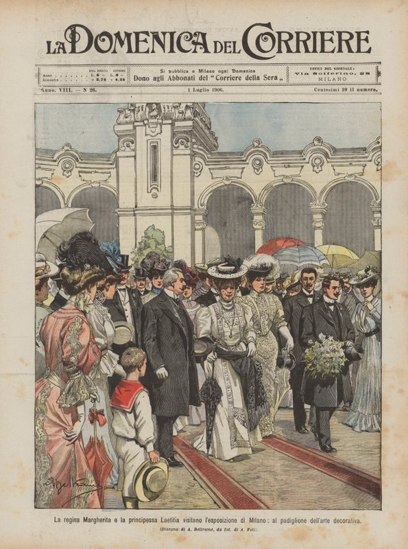 Koningin Margherita en prinses Laetitia bezoeken de tentoonstelling van Milaan, in het paviljoen van decoratieve kunst door Achille Beltrame