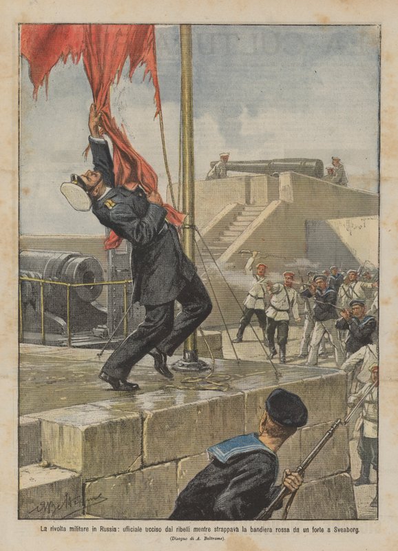 De militaire opstand in Rusland, een officier gedood door de rebellen terwijl hij de rode vlag verscheurde ? door Achille Beltrame