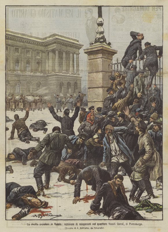 De volksopstand in Rusland, doden van stakers in de wijk Vassili Ostrof in Sint-Petersburg door Achille Beltrame