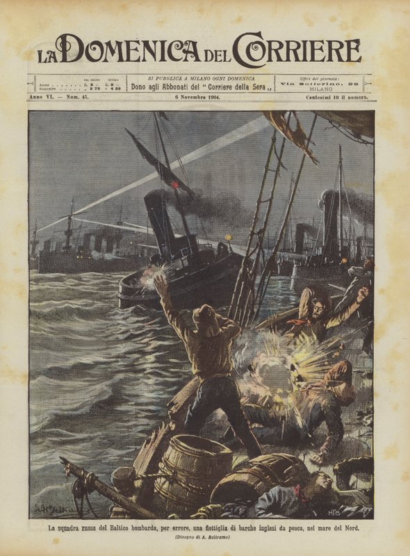 Het Russische Baltische squadron bombardeert per ongeluk een vloot van Engelse vissersboten in de Noordzee door Achille Beltrame