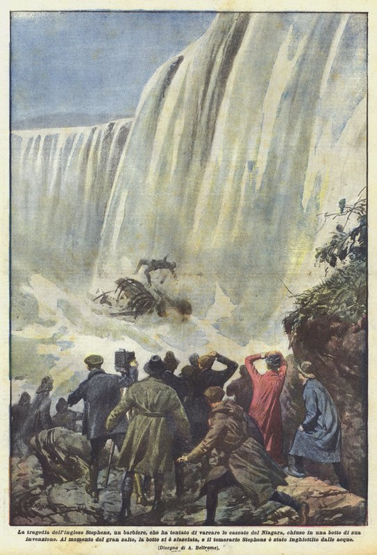 De tragedie van de Engelsman Stephens, een kapper, die probeerde de Niagara-watervallen over te steken door Achille Beltrame