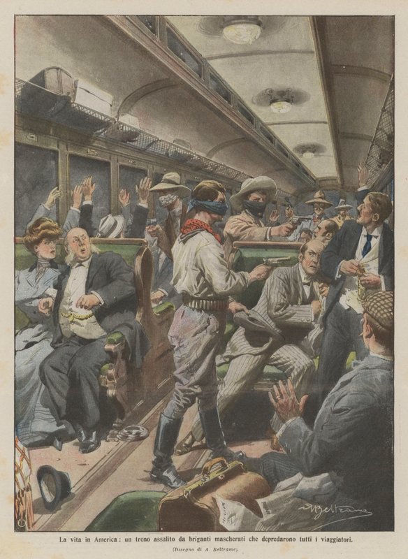 Het leven in Amerika, een trein overvallen door gemaskerde bandieten die alle reizigers beroofden door Achille Beltrame