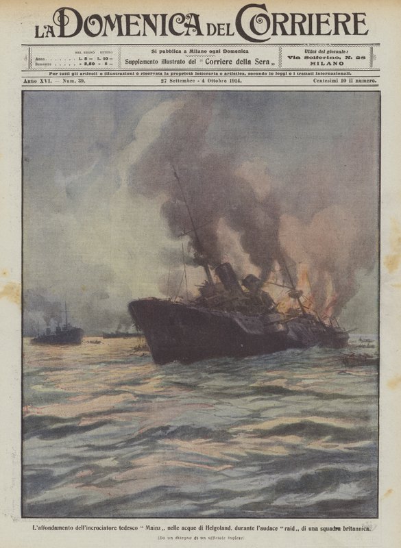Het zinken van de Duitse kruiser Mainz in de wateren van Helgoland, tijdens een gedurfde aanval door Achille Beltrame