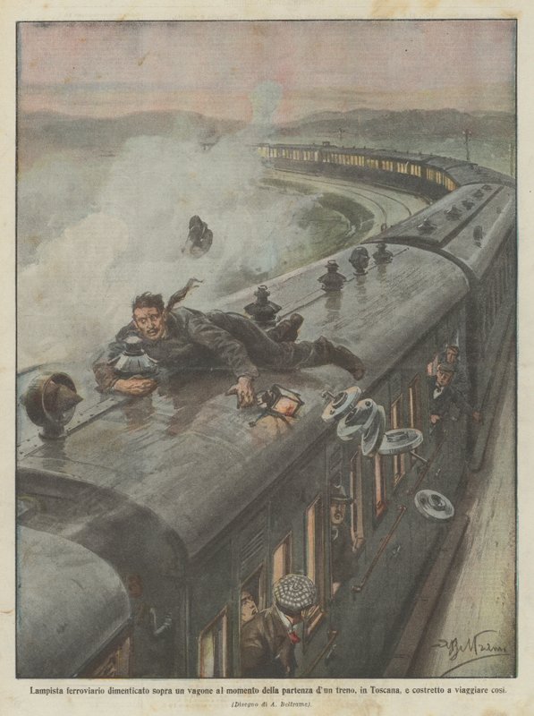 Spoorweglantaarnist vergeten op een wagon bij het vertrek van een trein, in Toscane door Achille Beltrame