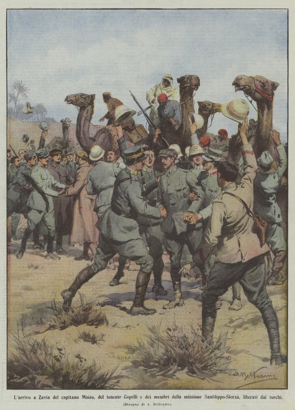 De aankomst in Zavia van kapitein Moizo, luitenant Copelli en de leden van de missie door Achille Beltrame