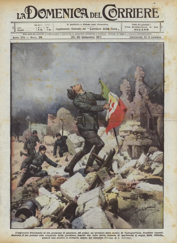 De aspirant Franceschi had zichzelf beloofd als eerste een driekleur te planten op de ruïnes van Castagnevizza door Achille Beltrame