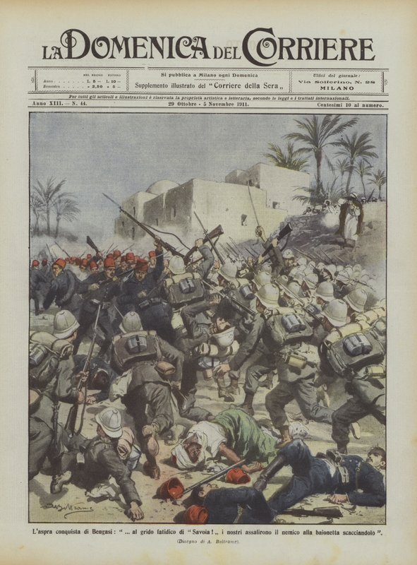 De harde verovering van Benghazi, bij de noodlottige kreet van Savoia! vielen onze troepen de vijand aan door Achille Beltrame