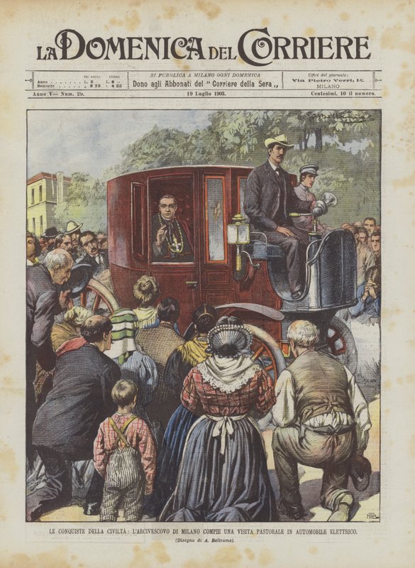De veroveringen van de beschaving, de aartsbisschop van Milaan maakt een pastorale bezoek in een elektrische auto door Achille Beltrame