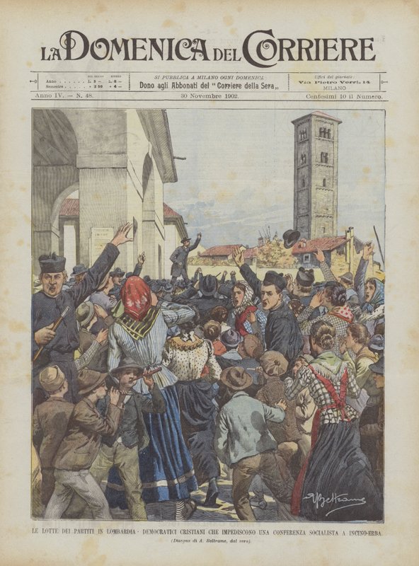 De partijgevechten in Lombardije, christendemocraten die een socialistische conferentie verhinderen in Incino-Erba door Achille Beltrame