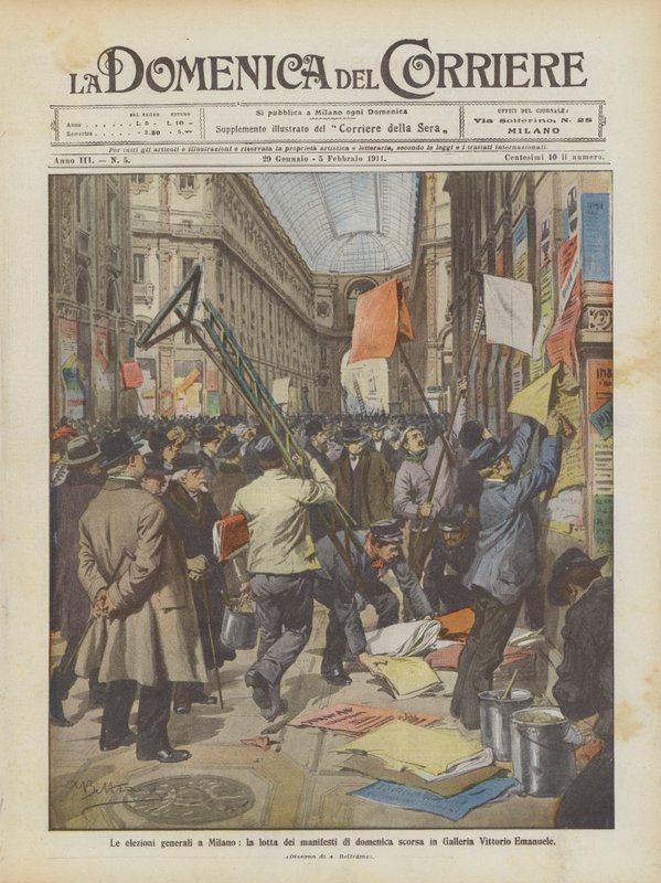 De algemene verkiezingen in Milaan, de strijd van de affiches van afgelopen zondag in de Galleria Vittorio Emanuele door Achille Beltrame