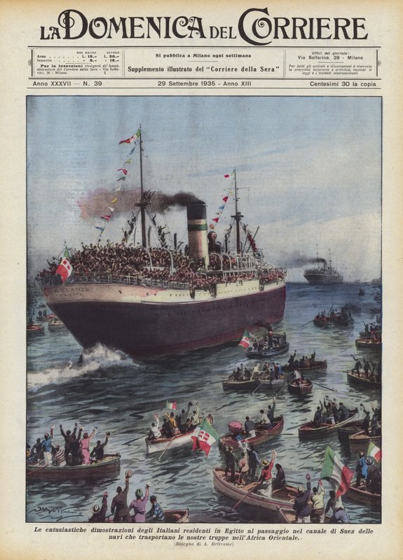 De enthousiaste demonstraties van de in Egypte wonende Italianen bij de passage door het Suezkanaal ? door Achille Beltrame