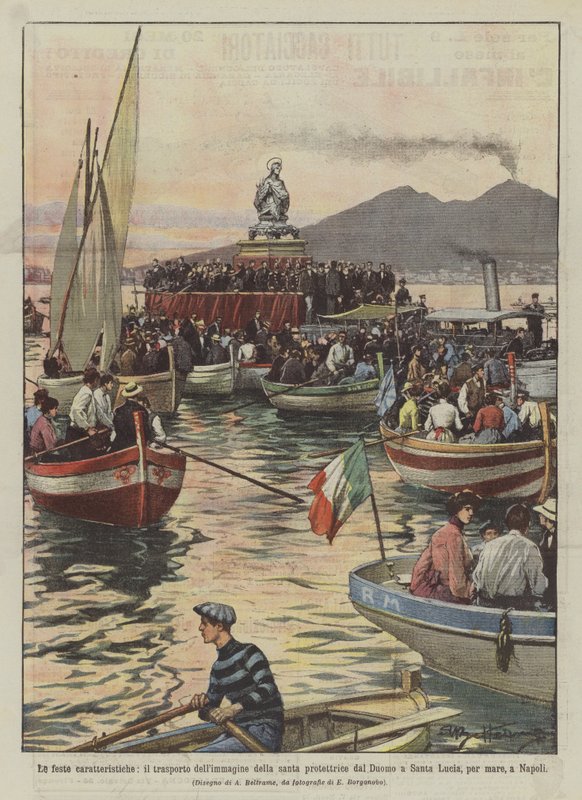 De karakteristieke feesten, het transport van het beeld van de beschermheilige van de kathedraal naar Santa door Achille Beltrame