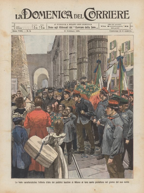 De kenmerkende feesten, de olijfoffer van de openbare dragers van Milaan aan hun heilige door Achille Beltrame