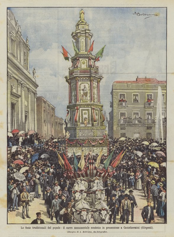 De traditionele volksfeesten, de monumentale wagen in processie naar Casteltermini (Girgenti) door Achille Beltrame