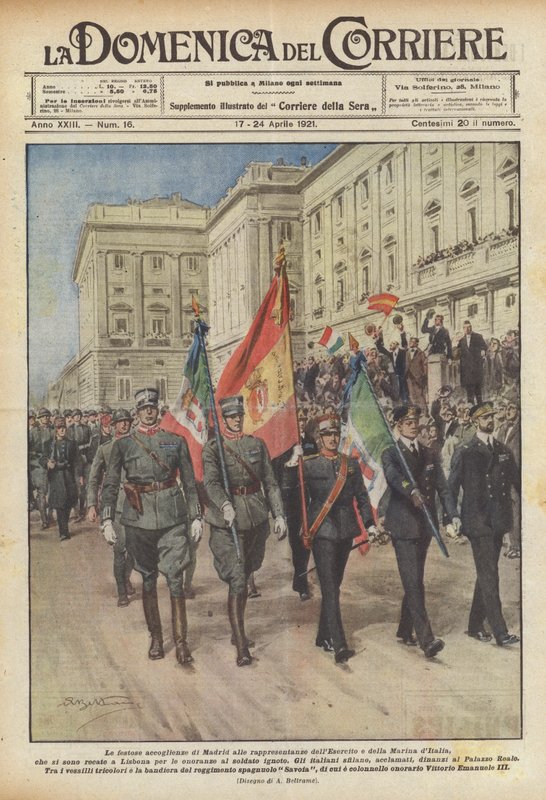 De feestelijke ontvangst van Madrid voor de vertegenwoordigers van het Italiaanse leger en de marine ? door Achille Beltrame