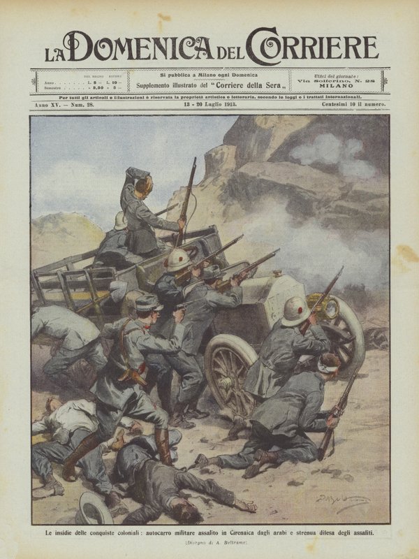De gevaren van koloniale veroveringen, militaire vrachtwagen aangevallen in Cyrenaica door Arabieren door Achille Beltrame