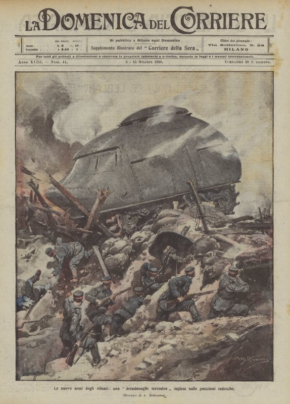 De nieuwe wapens van de geallieerden, een Engelse dreadnought op Duitse posities door Achille Beltrame