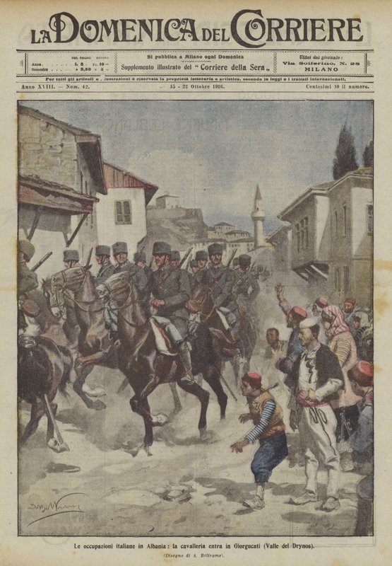 De Italiaanse bezettingen in Albanië, de cavalerie trekt Giorgucati (Drynos-vallei) binnen door Achille Beltrame
