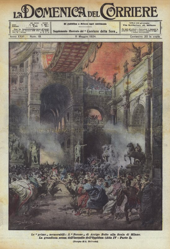 De eerste gedenkwaardige, de Nero van Arrigo Boito in La Scala van Milaan door Achille Beltrame