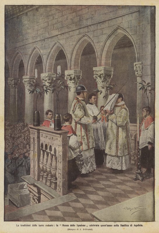 De tradities van de bevrijde landen, de Mis van het Zwaard gevierd dit jaar in de Basiliek van Aquileia door Achille Beltrame
