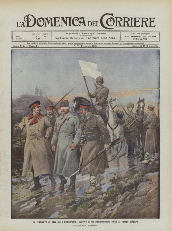De vredesonderhandelingen tussen de strijdende partijen, de aankomst van een Turkse parlementariër in het Bulgaarse kamp door Achille Beltrame