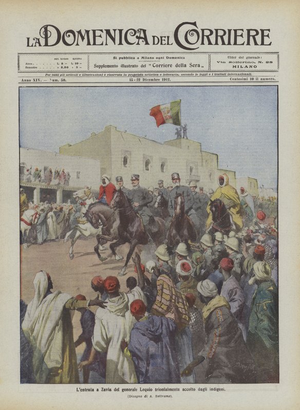 De triomfantelijke intocht van generaal Lequio in Zavia, verwelkomd door de inboorlingen door Achille Beltrame