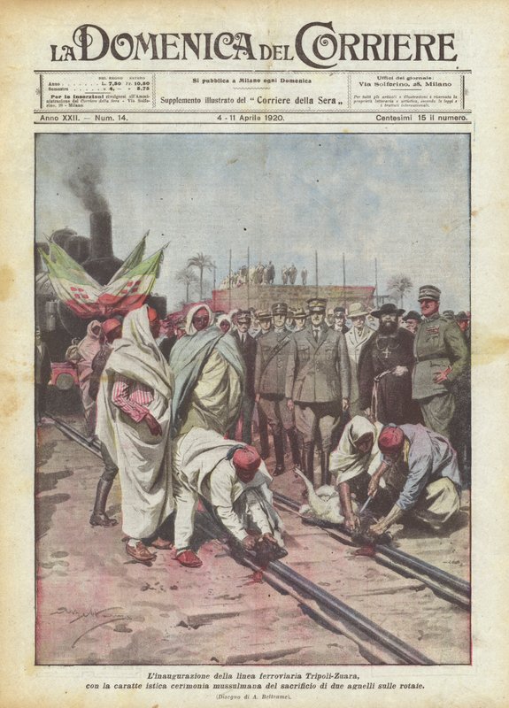 De inhuldiging van de spoorlijn Tripoli-Zuara, met de karakteristieke moslimceremonie door Achille Beltrame